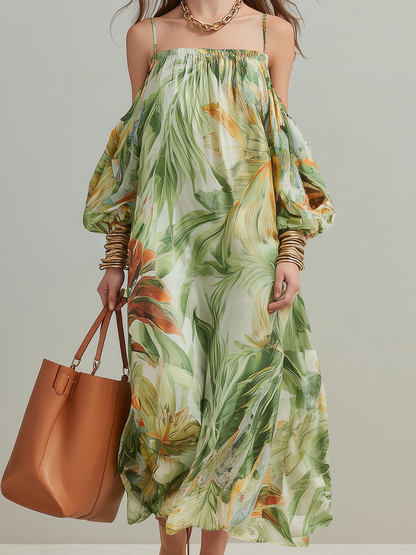 Robe longue à épaules dénudées imprimé végétal Statement