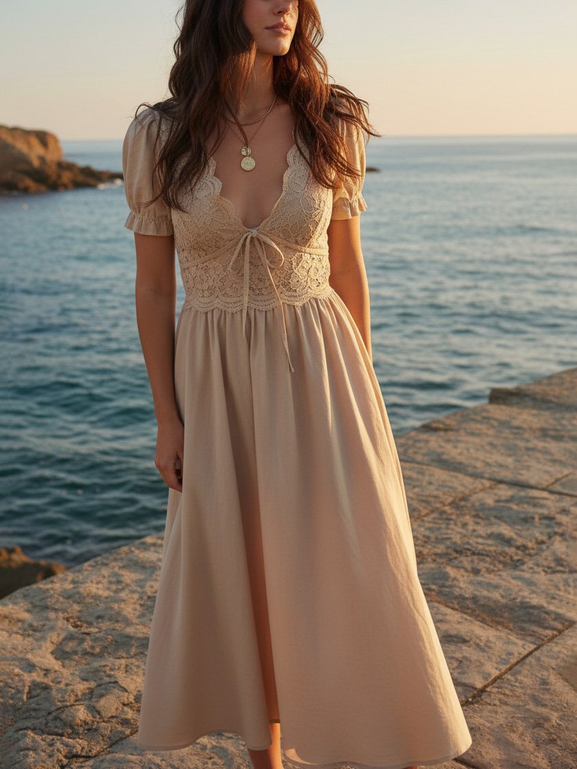Robe longue en coton, manches courtes, col en V, unie, dentelle, style vintage français, marron