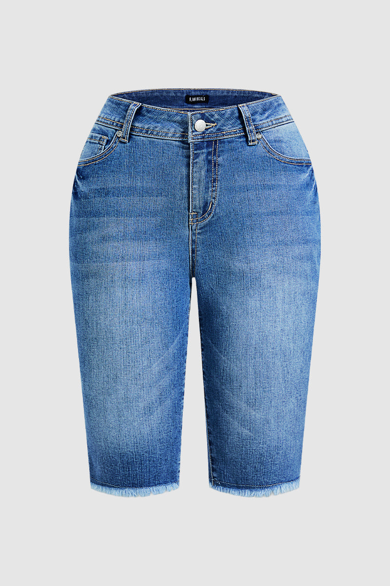 Star & Stripe Embroidery Raw Hem Ripped High Waist Denim Bermuda Shorts