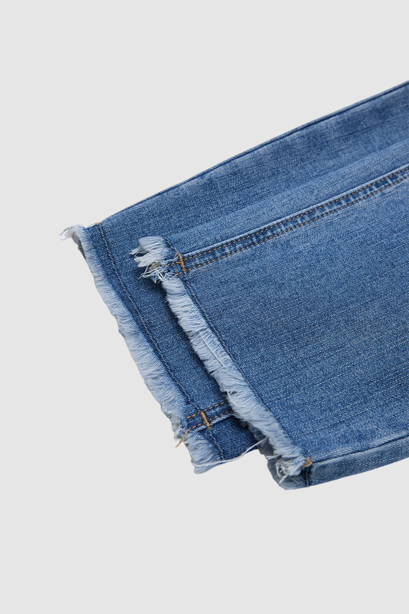 Wash Ripped Raw Hem High Rise Straight Leg Crop Jeans Without Belt