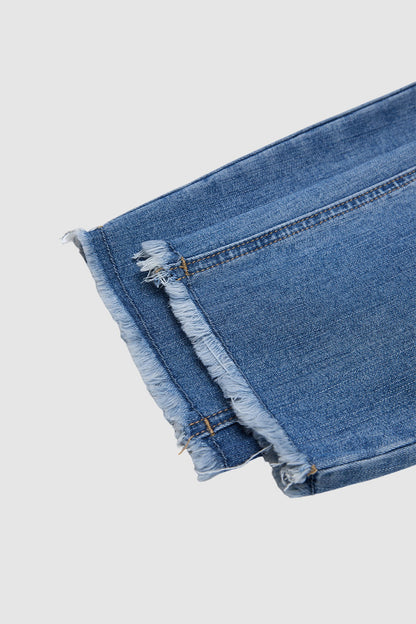 Wash Ripped Raw Hem High Rise Straight Leg Crop Jeans Without Belt