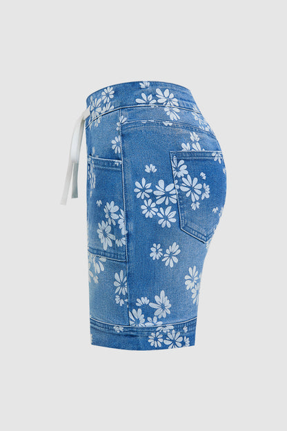 Floral Print Patch Pocket Drawstring Mid Rise Mid Thigh Denim Shorts