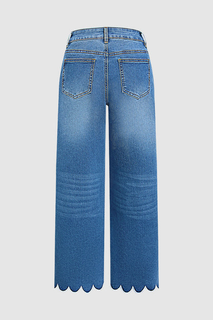 Wash Floral Embroidery Scallop Trim Mid Waist Wide Leg Jeans Without Belt