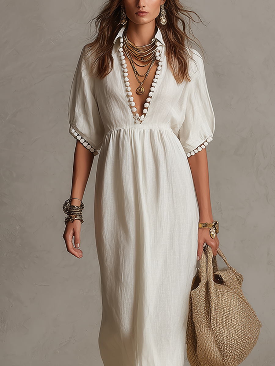 Robe longue bohème blanche à pompons et perles