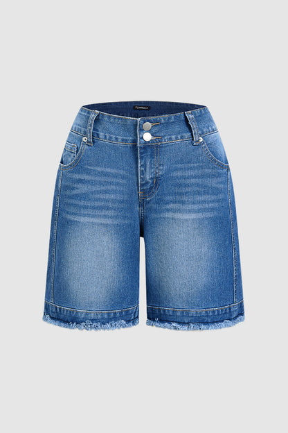 Wash Raw Hem Dual Button Mid Rise Mid Thigh Denim Shorts