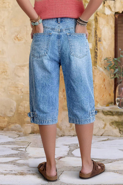 Wash Drawstring Adjustable Pleated High Waist Straight Leg Capri Jeans