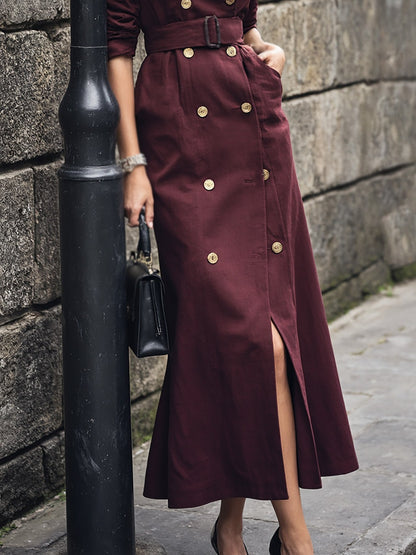 Trench-coat long en coton, manches longues, col à revers, uni, boutons décoratifs, vintage, rouge lie-de-vin