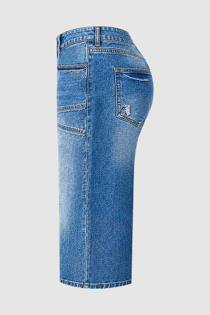 Wash Ripped Drawstring Mid Rise Straight Leg Capri Jeans