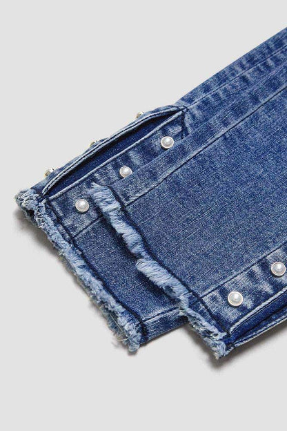 Pearl Button Side Raw Hem High Waist Skinny Jeans