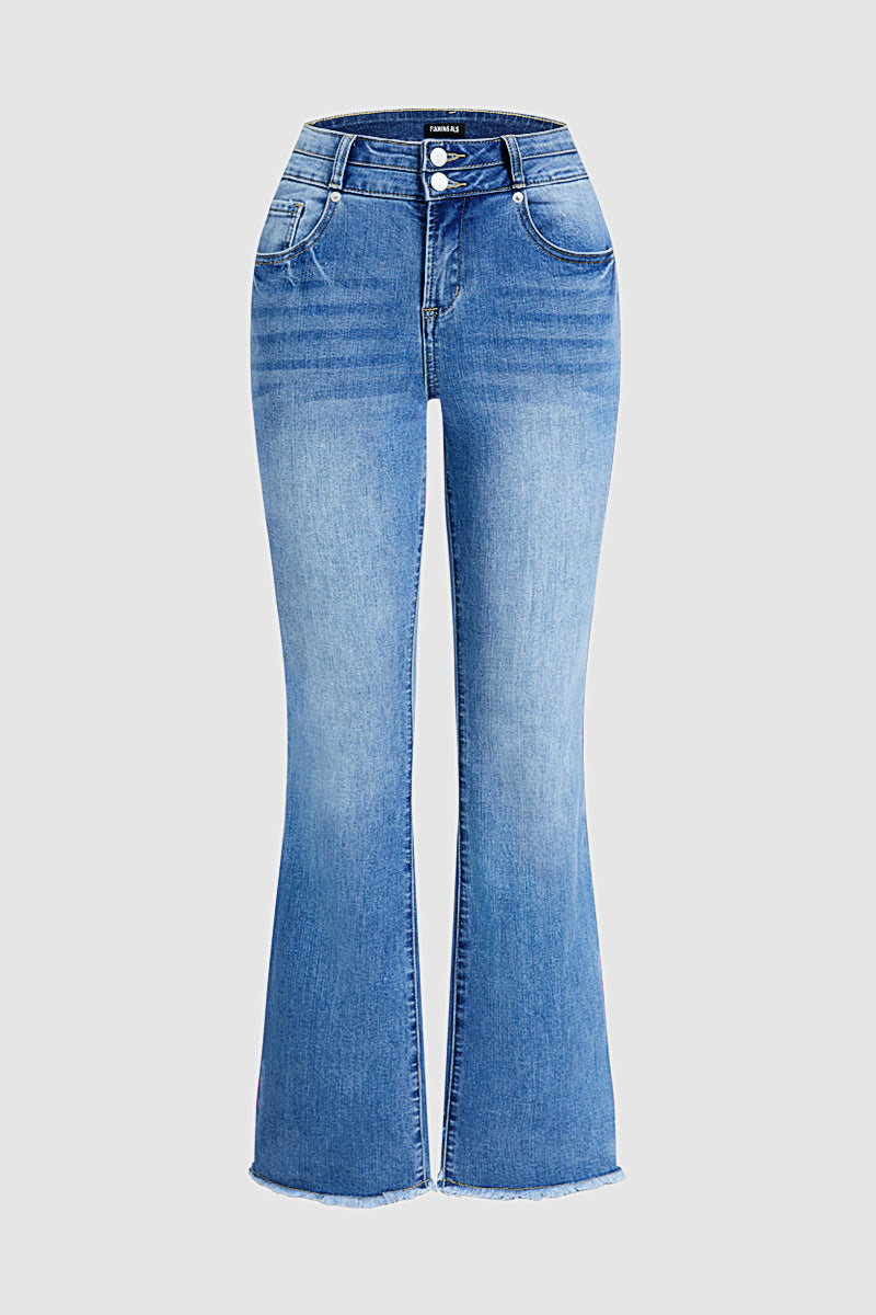 Wash Raw Hem Dual Button Mid Waist Bootcut Jeans