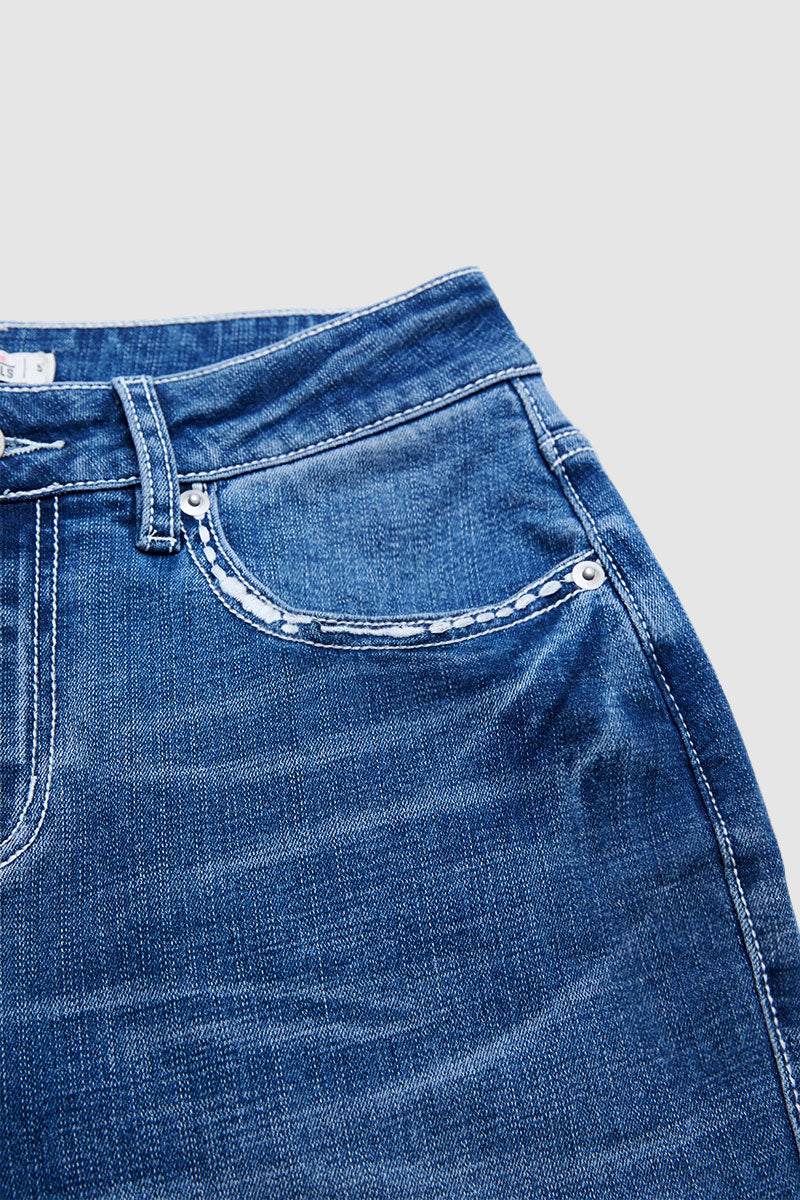 Wash Stitch Detail Mid Waist Bootcut Jeans Without Belt