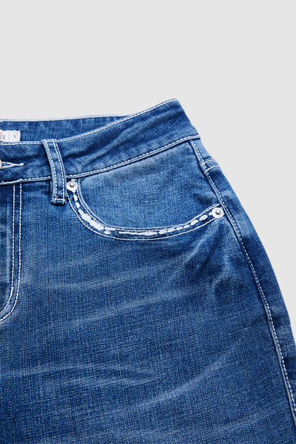 Wash Stitch Detail Mid Waist Bootcut Jeans Without Belt