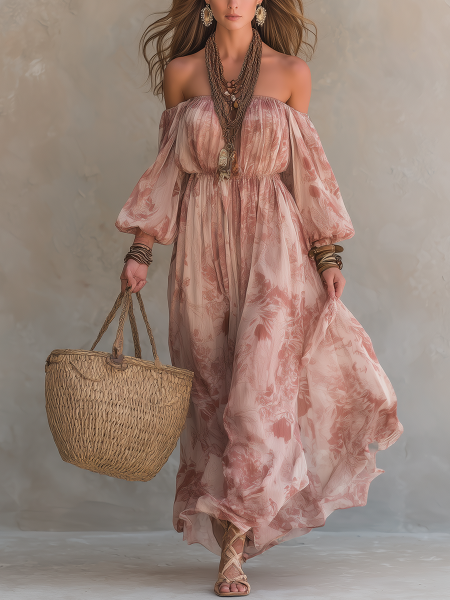 Robe longue bohème manches lanternes rose poudré