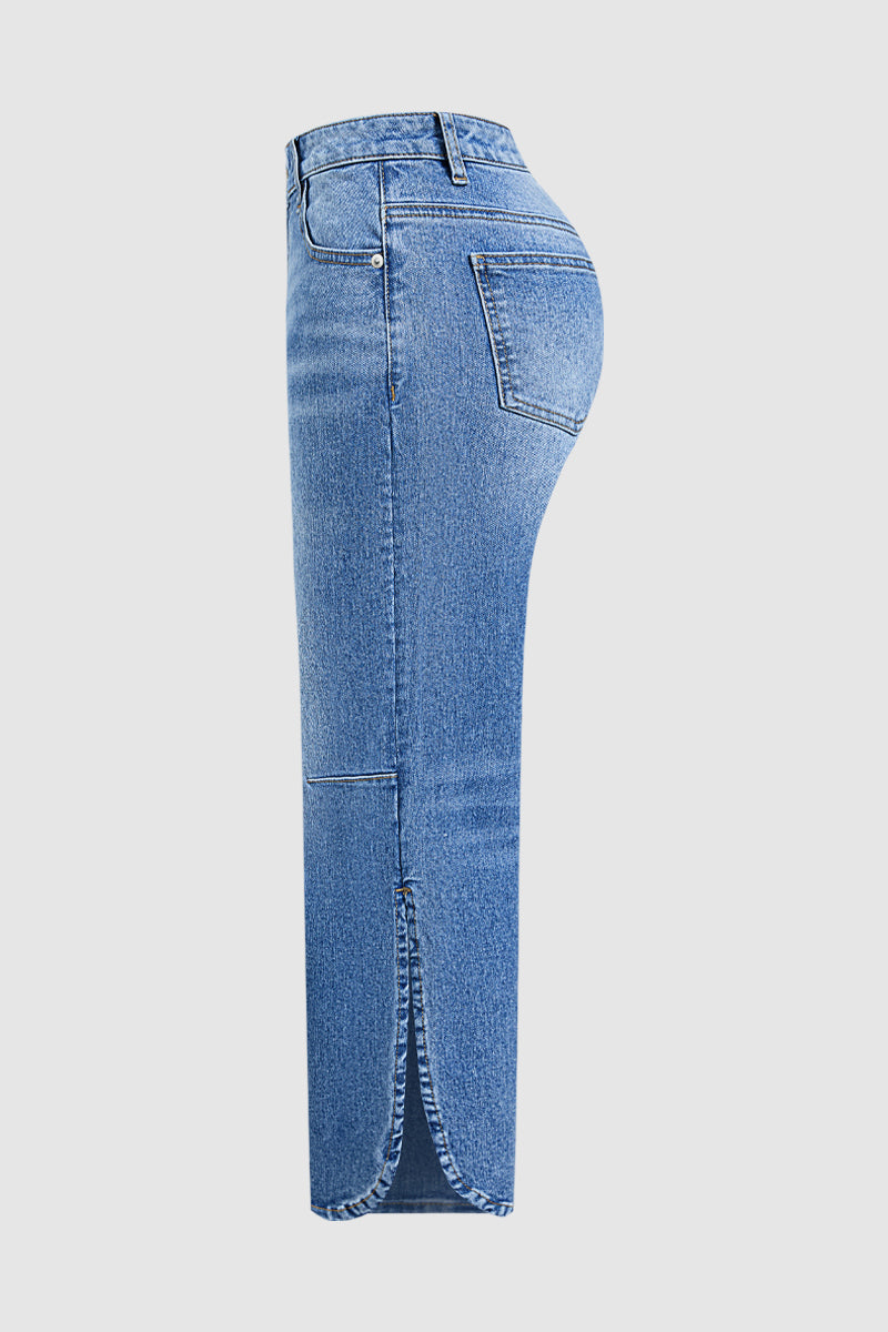 Wash Side Split Hem Detail Mid Waist Wide Leg Cropped Jeans Without Belt