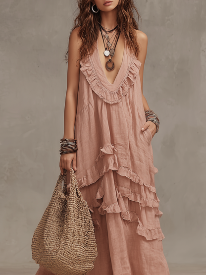 Robe longue bohème romantique à volants étagés rose poudré