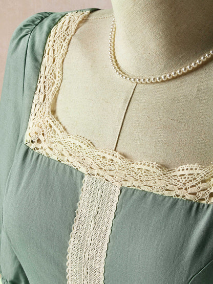 Robe longue en lin, manches 3/4, encolure carrée, à lacer, mélange de lin, verte