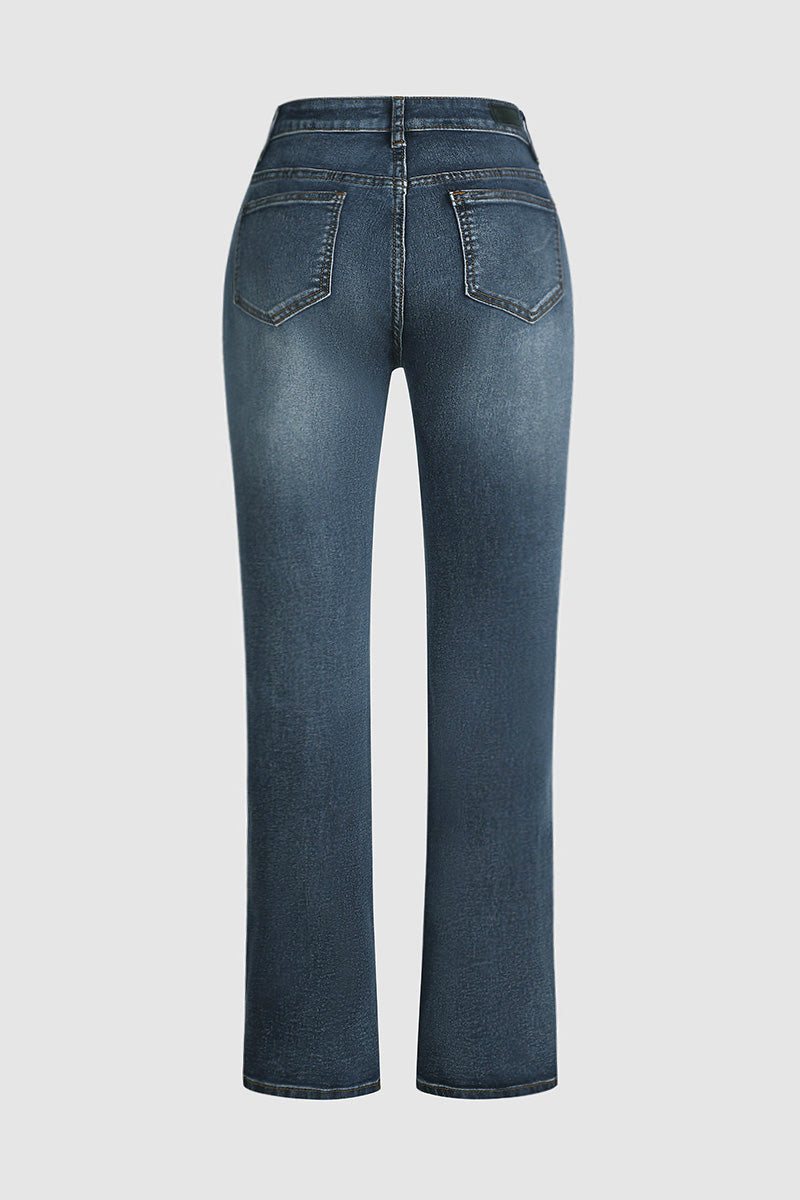 Washed Floral Embroidery Stretchy Mid Waist Bootcut Jeans