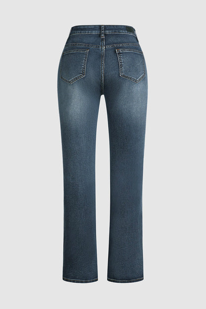 Washed Floral Embroidery Stretchy Mid Waist Bootcut Jeans