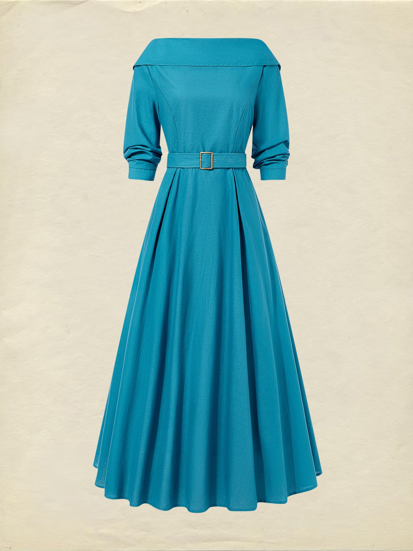 Robe midi en lin, manches courtes, col châle, unie, avec ceinture, vintage, cyan