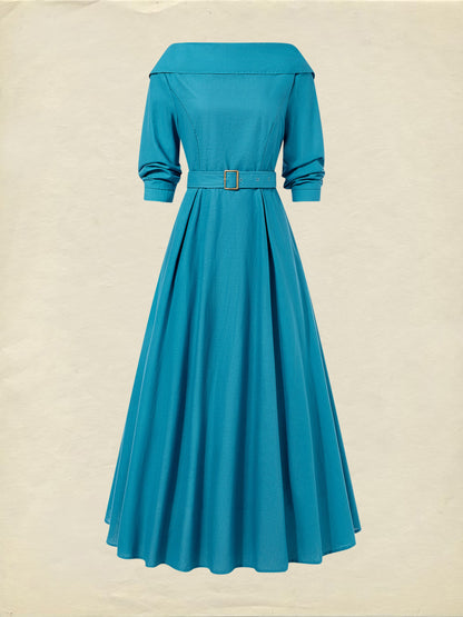 Robe midi en lin, manches courtes, col châle, unie, avec ceinture, vintage, cyan
