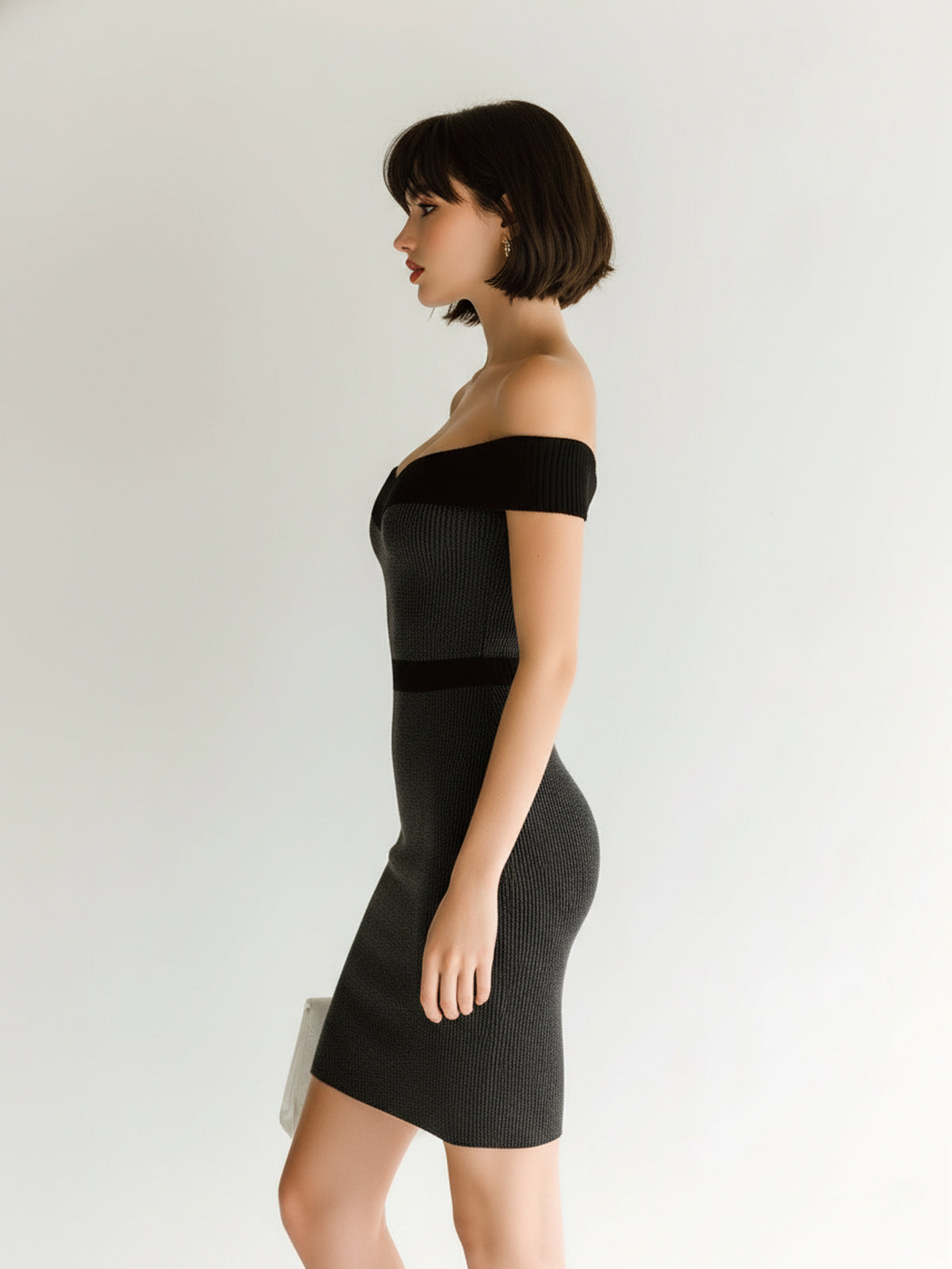 Chic Elegant Dark Gray Colorblock Off-The-Shoulder Tailored Waist Slim-Fit Ribbed Knit Bodycon Mini Dress