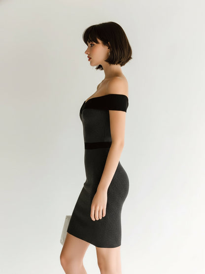 Chic Elegant Dark Gray Colorblock Off-The-Shoulder Tailored Waist Slim-Fit Ribbed Knit Bodycon Mini Dress