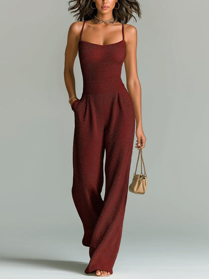 Chic Casual Camel Strappy Sleeveless Tailored Waist Wide Leg Ribbed Knit Jumpsuit