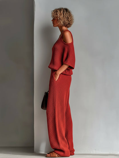 Chic Elegant Red V-Neck Half-Sleeve Cutout Details Loose-Fit Sweater Wide-Leg Pants Knit Two-Piece Set