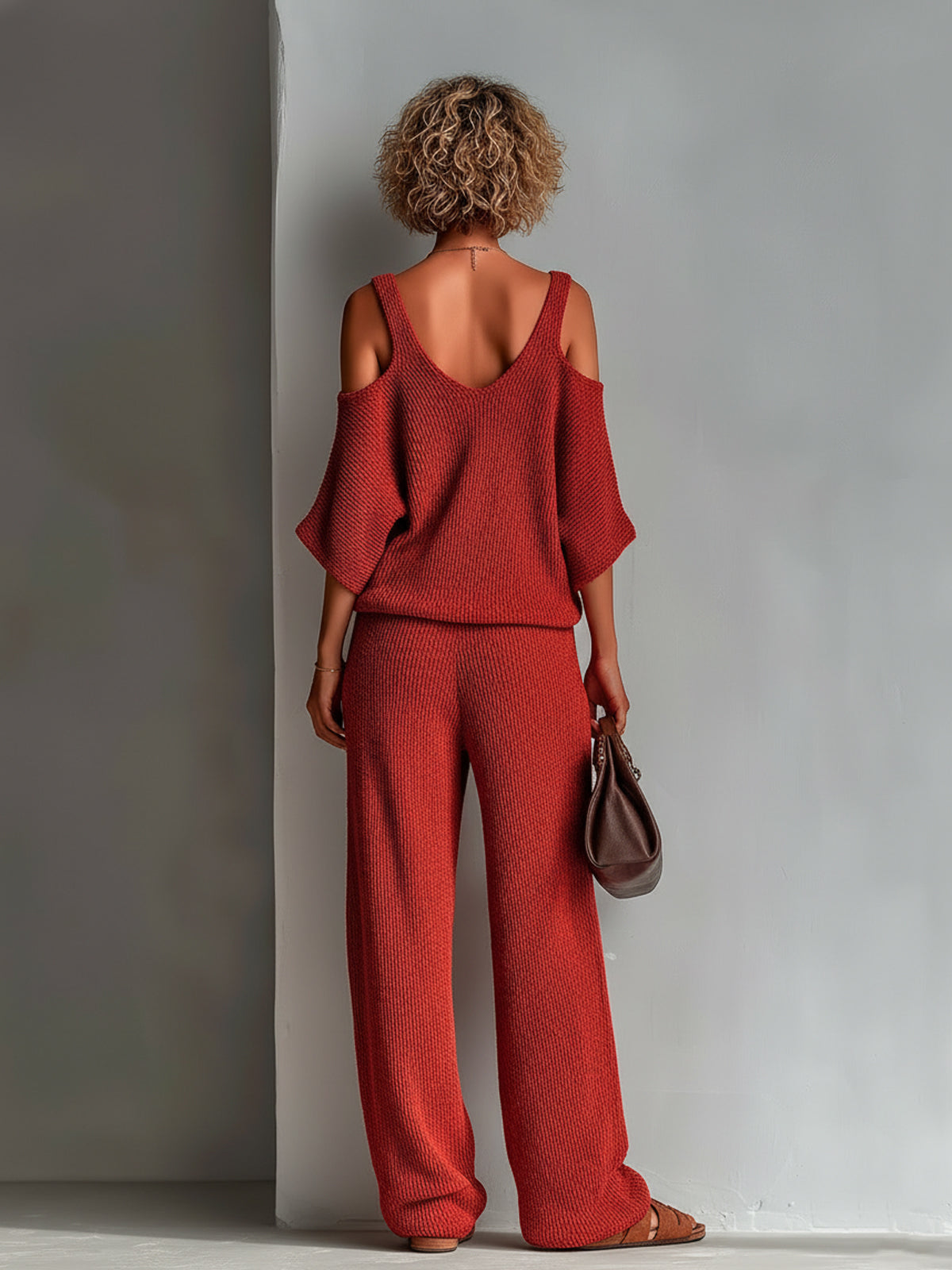 Chic Elegant Red V-Neck Half-Sleeve Cutout Details Loose-Fit Sweater Wide-Leg Pants Knit Two-Piece Set