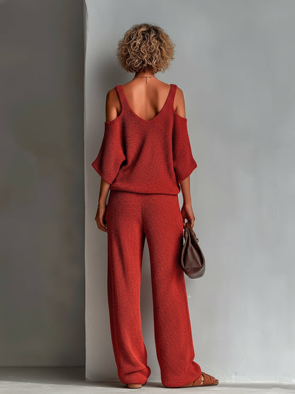 Chic Elegant Red V-Neck Half-Sleeve Cutout Details Loose-Fit Sweater Wide-Leg Pants Knit Two-Piece Set