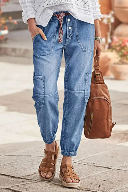 Multi Pocket Button Fly Mid Rise Straight Leg Crop Jeans Without Belt