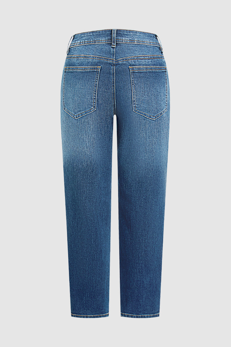 Wash Button Detail Mid Waist Straight Leg Cropped Jeans