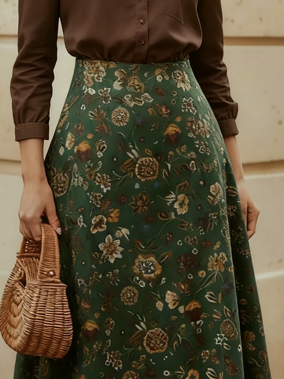 Jupe midi en lin, fleurie, poches, vintage, vert