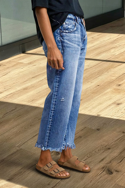 Wash Raw Hem Ripped Mid Rise Crop Straight Leg Jeans
