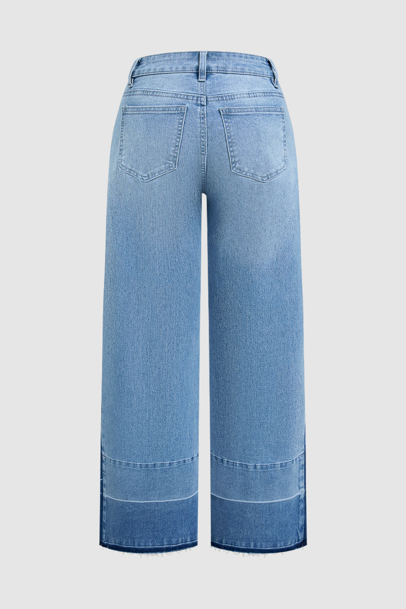 Cut & Sew Raw Hem Mid Rise Wide Leg Jeans Without Belt