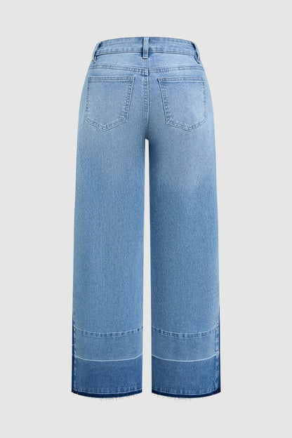 Cut & Sew Raw Hem Mid Rise Wide Leg Jeans Without Belt