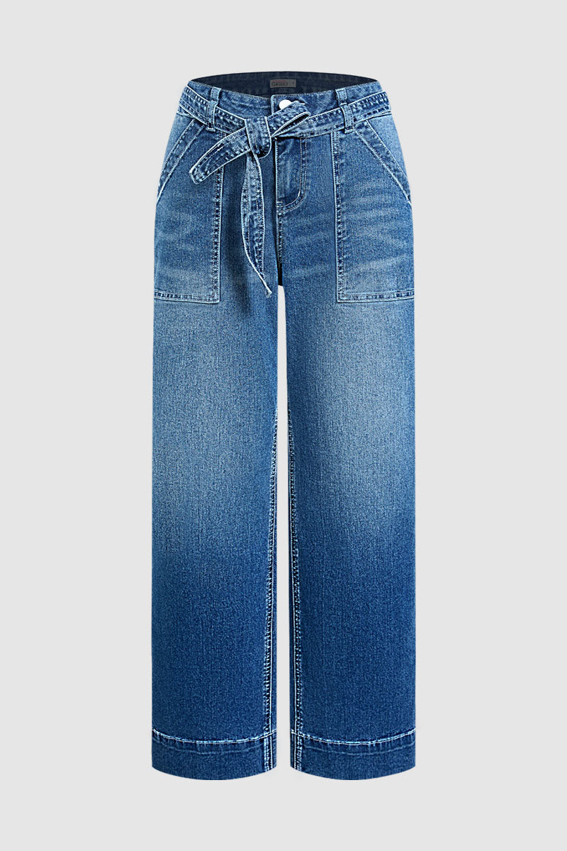 Wash Tie Belt Stitch Detail Mid Waist Wide Leg Jeans
