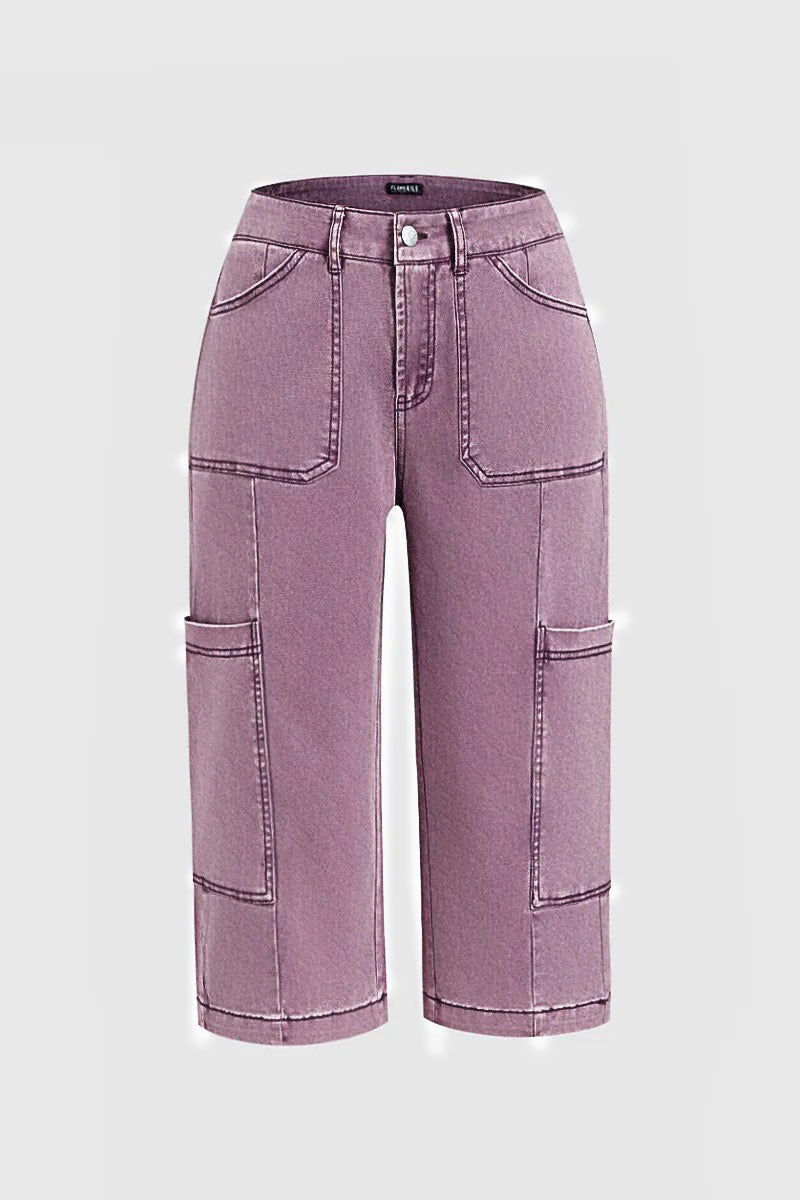 Stitch Detail Side Pocket Mid Waist Straight Leg Capri Pants Without Belt