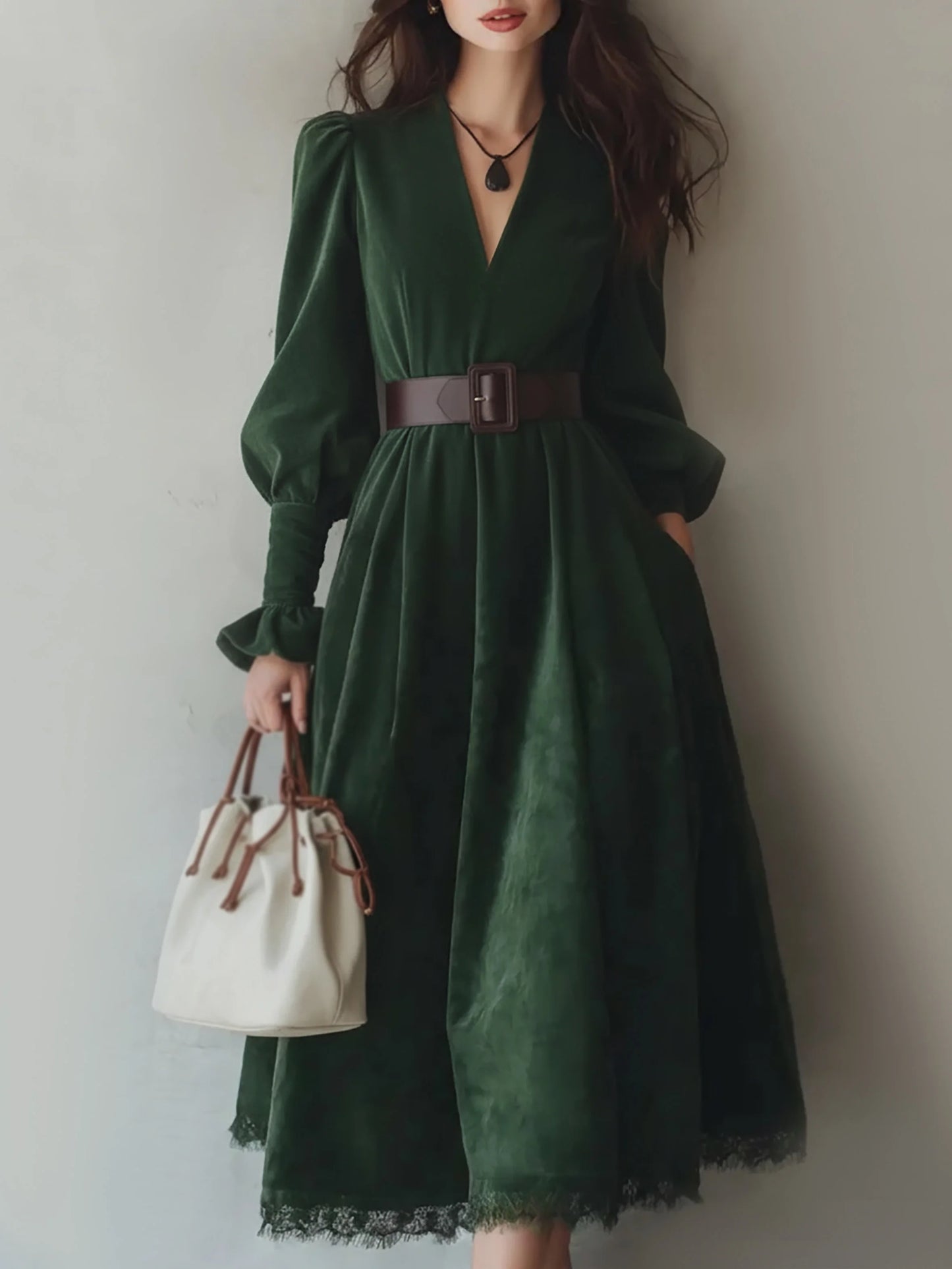 Robe midi en coton, manches longues, col en V, unie, dentelle, vintage, verte