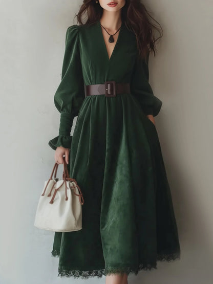 Robe midi en coton, manches longues, col en V, unie, dentelle, vintage, verte