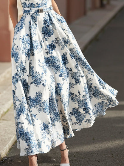 Robe longue en lin, sans manches, col rond, motif floral, ceinture, vacances, style vintage, bleue