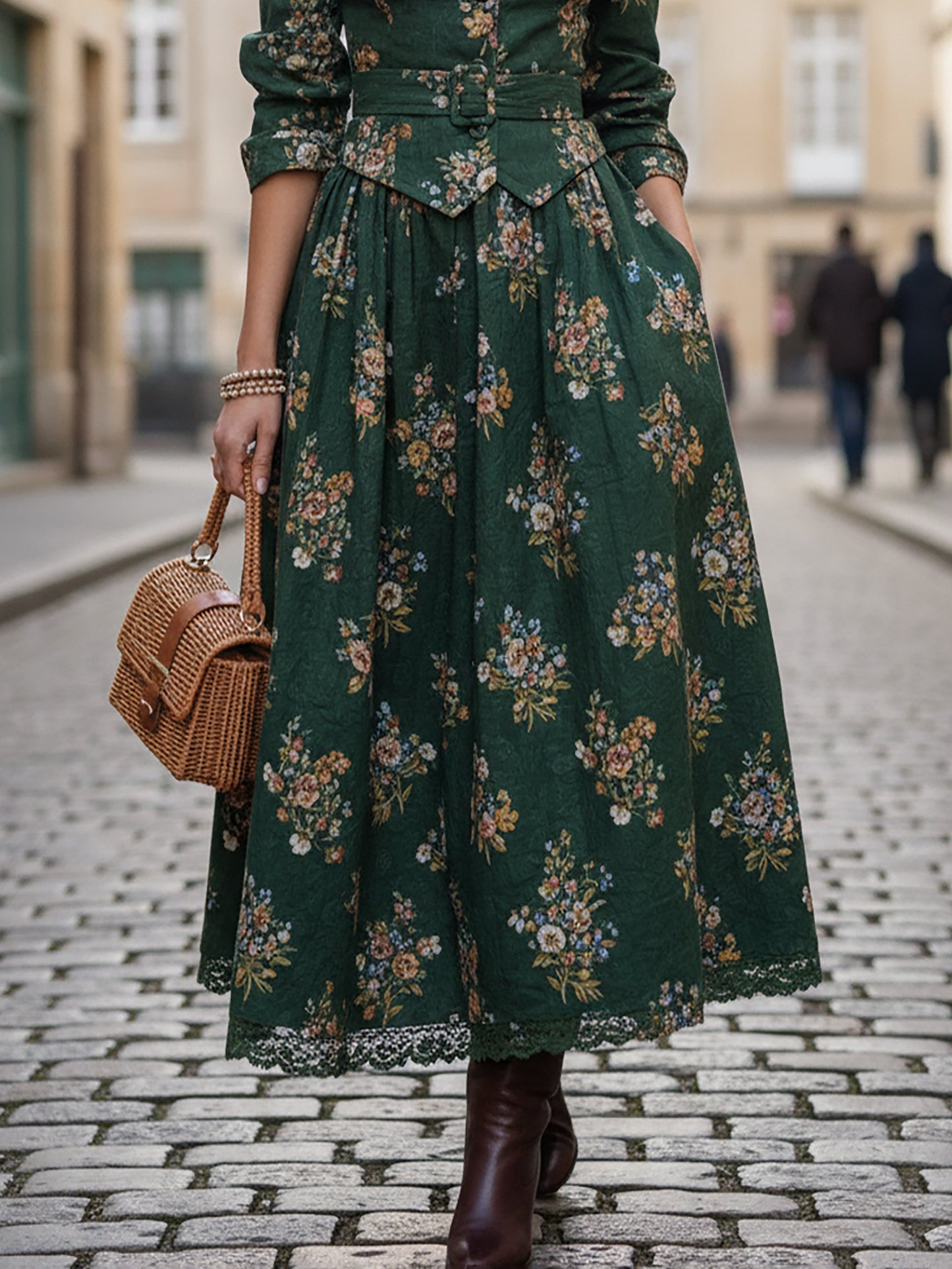 Jupe longue en lin, motif floral, poches, style vintage, verte
