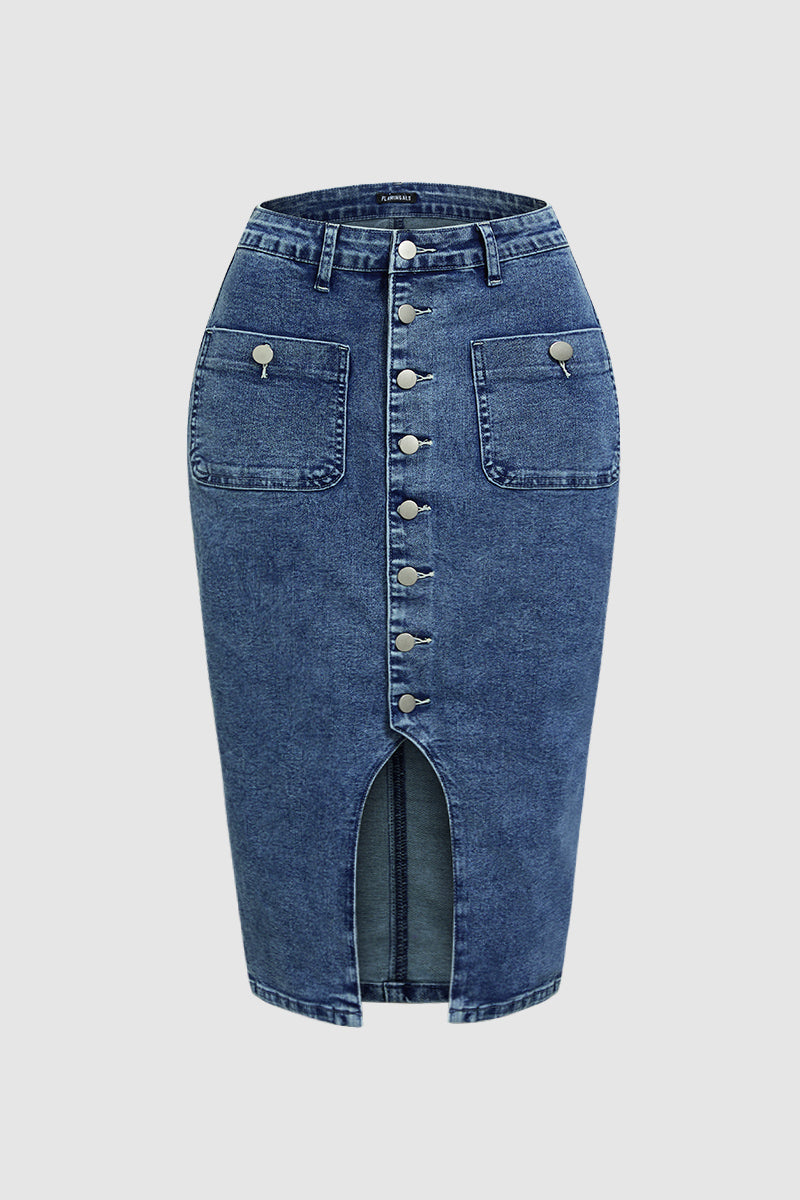Wash Split Hem Button Up Midi Denim Skirt Without Belt