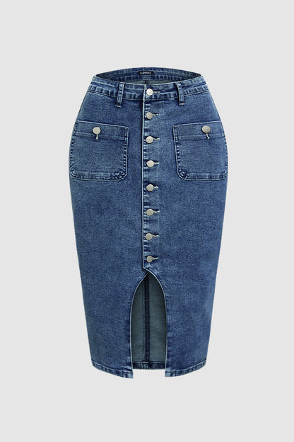 Wash Split Hem Button Up Midi Denim Skirt Without Belt