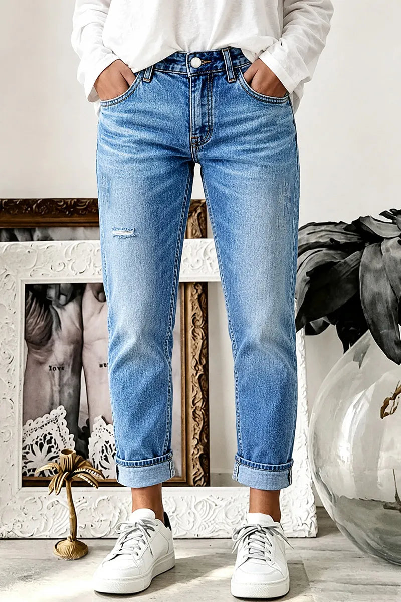 Wash Ripped Roll Hem Mid Waist Straight Leg Crop Jeans