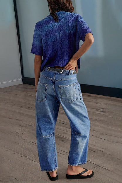 Drawstring Patch Pocket Mid Waist Barrel Leg Jeans
