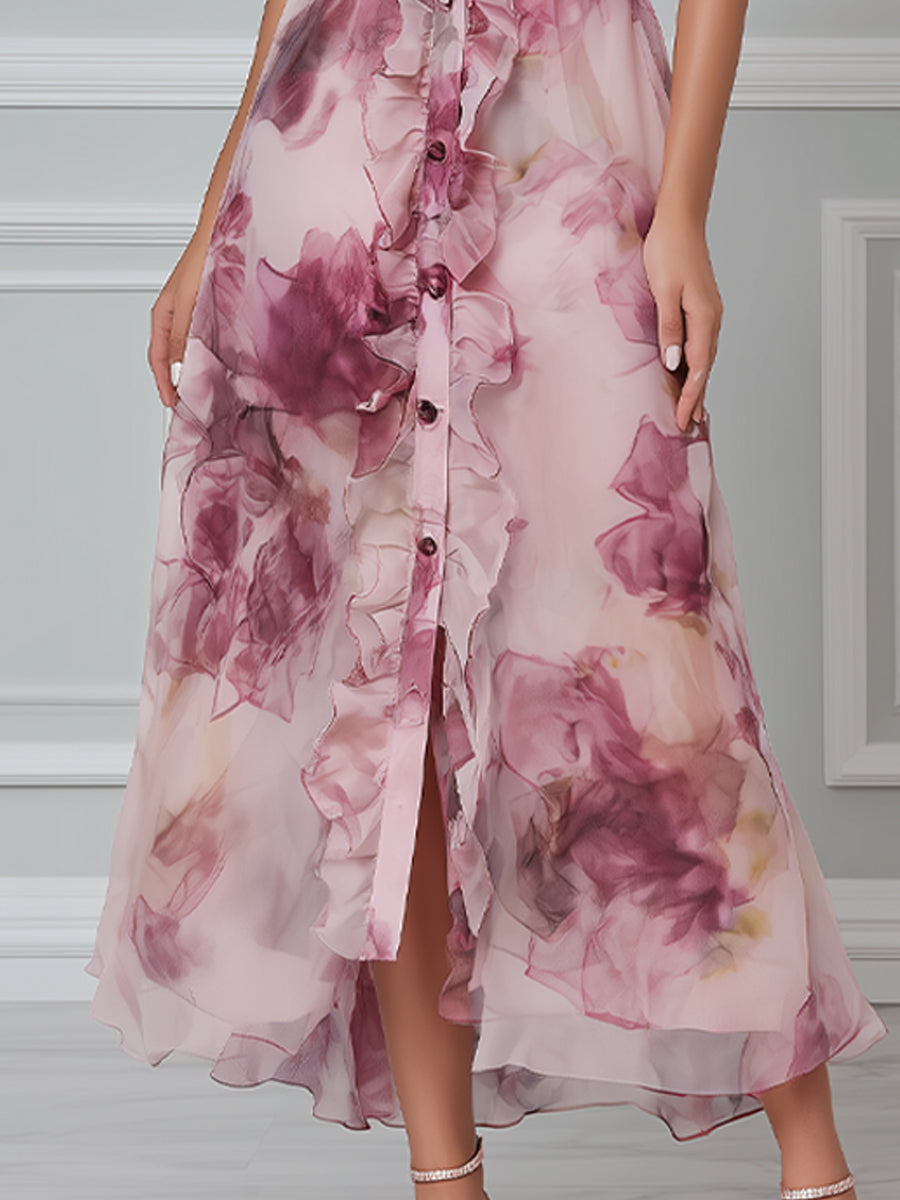 Ethereal Mauve Floral Chiffon Maxi Dress