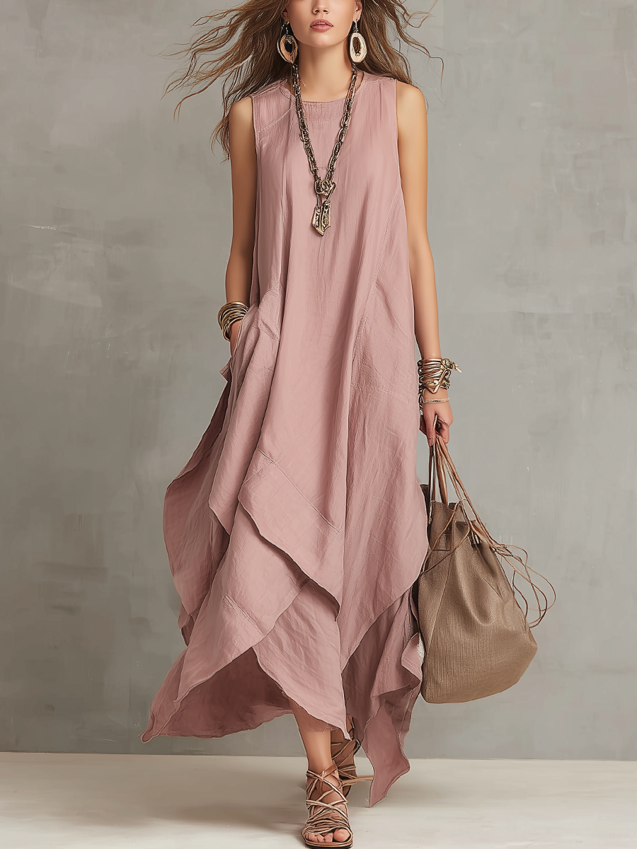 Robe longue bohème en coton et lin rose nude asymétrique