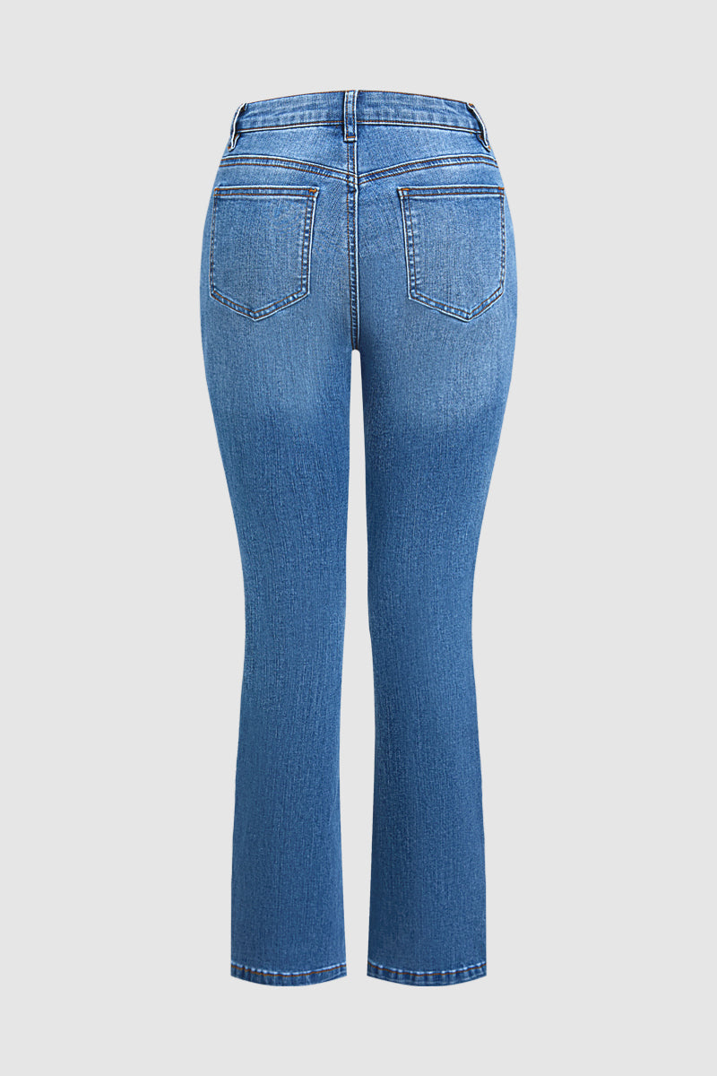 Wash Star Pattern Stitch Detail Mid Waist Bootcut Jeans Without Belt