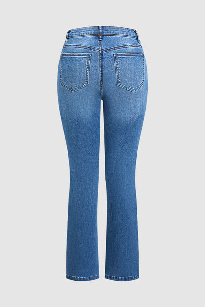 Wash Star Pattern Stitch Detail Mid Waist Bootcut Jeans Without Belt